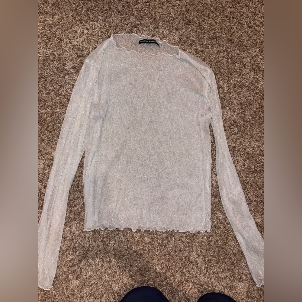 Brandy Melville Gray Ribbed Long Sleeve Blouse - Shiny Sheer